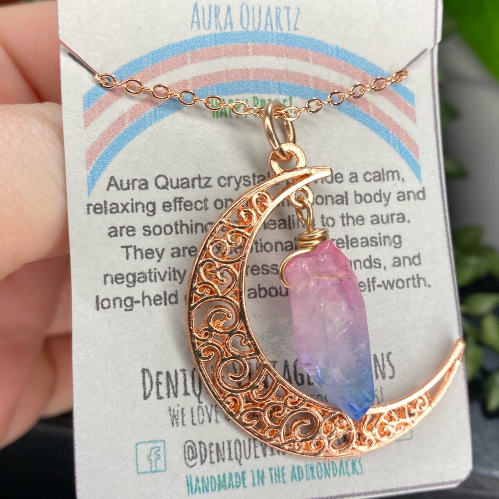 Trans Pride pink Blue Quartz point rose gold Celtic Moon Pendant Charm Necklace
